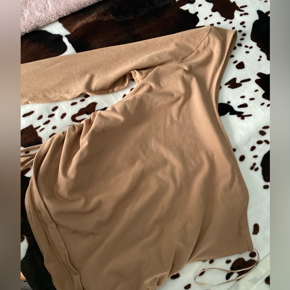 Plus size one shoulder tan long sleeve top